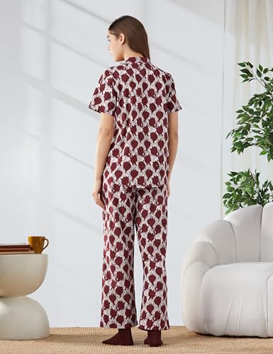 Image of Amazon Brand - Myx Women Cotton Shirt and Relaxed Pajama Set | Night Suit Set (Available in Plus Sizes)
