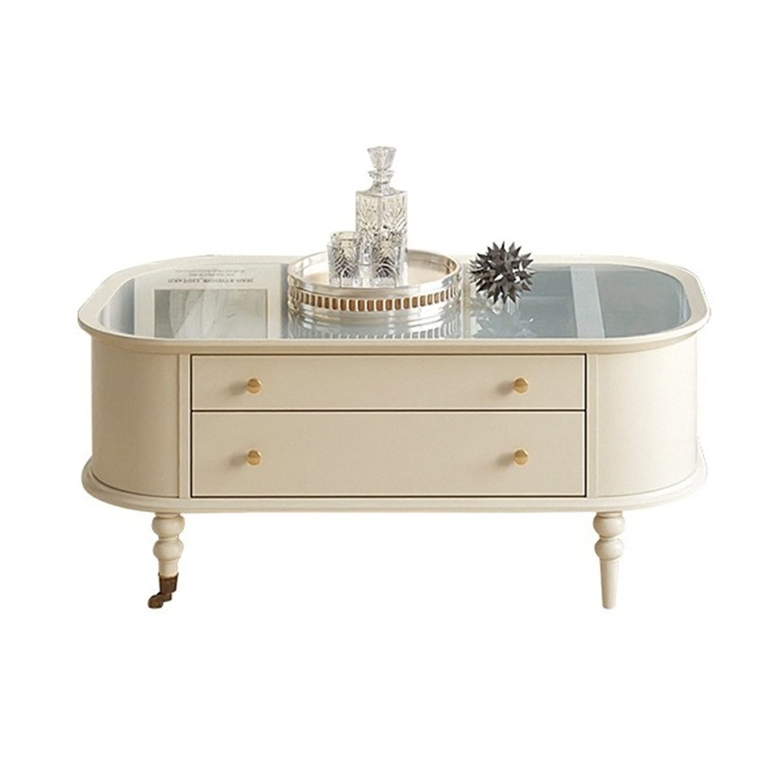 Side Table Vintage Wood Coffee Table Rectangular Living Room Table Center Table with 2 Drawers and Swivel Wheels