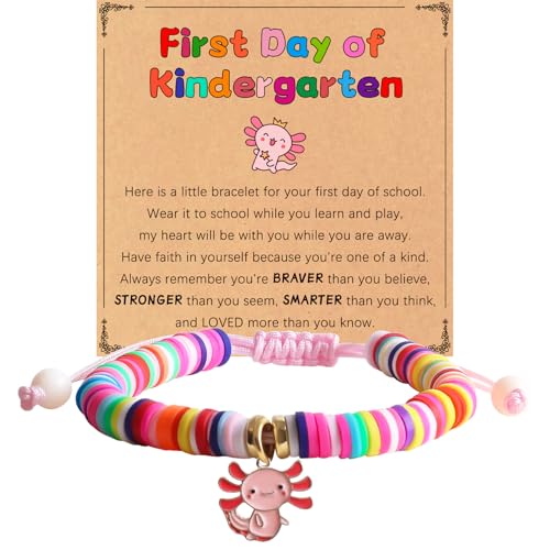 First Day of Kindergarten Bracelet Cute Axolotl Stuff Back to School Gifts with Lovely Card Clay Beads Mother Daughter Jewelry for Gir Daughter Granddaughter Niece