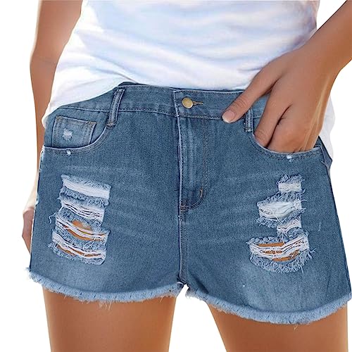 Generisch Pantalones vaqueros altos para mujer, pantalones cortos de verano, azul, L
