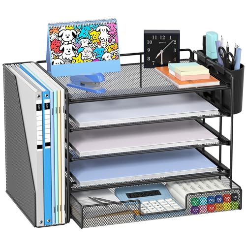 Desk Organizer with File Holder, Organisateur et Accessoire de Bureau, 5-tier Paper Letter Tray with Drawer and Pen Holder, Mesh Desktop Office Supplies for School, Home, Office (B image 6