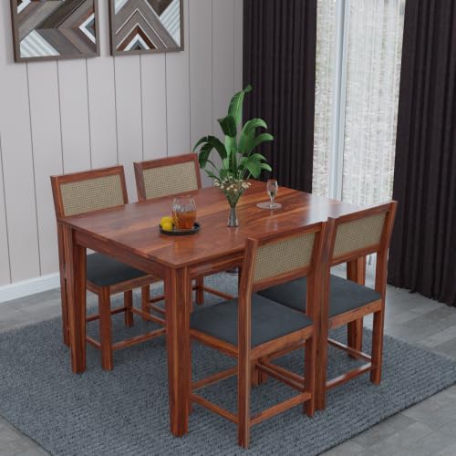 Image of DRIFTINGWOOD Amber Solid Sheesham Wood 4 Seater Dining Table Set with Rattan Back Chairs | Grey Velvet Cushioned Seating for Home & Dining Room (Honey Finish, DIY)