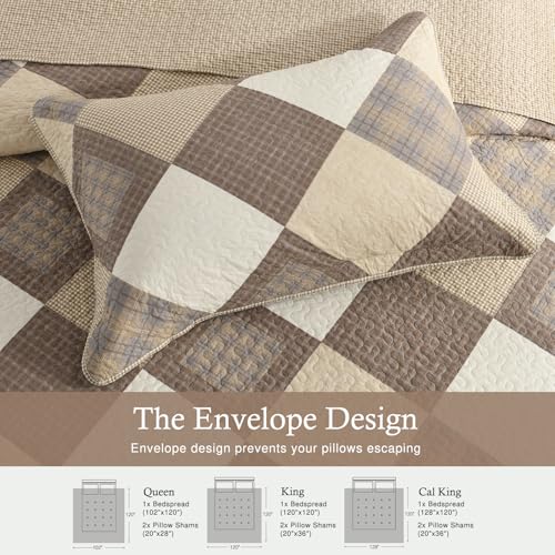 Image of 100% Cotton Oversized King Bedspread 120x120, Brown Cream Plaid | Extra-Wide Coverage, Reversible 3-Piece Bedding Set, Fits Thick Mattresses, Lightweight All-Season Comfort, Modern Farmhouse
