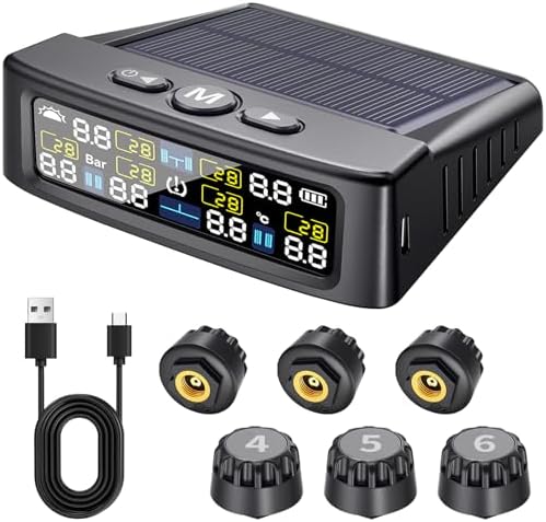 RV Tire Pressure Monitoring System -TPMS Tire Pressure Monitor with 6 Sensors,M12-3 TPMS Solar Charge & USB Color LCD Display, 0-9.9BAR/144PSI Range, 6 Alarm Modes for RV/Trailer/Truck IP67