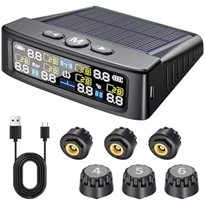 RV Tire Pressure Monitoring System -TPMS Tire Pressure Monitor with 6 Sensors,M12-3 TPMS Solar Charge & USB Color LCD Display, 0-9.9BAR/144PSI Range, 6 Alarm Modes for RV/Trailer/Truck IP67