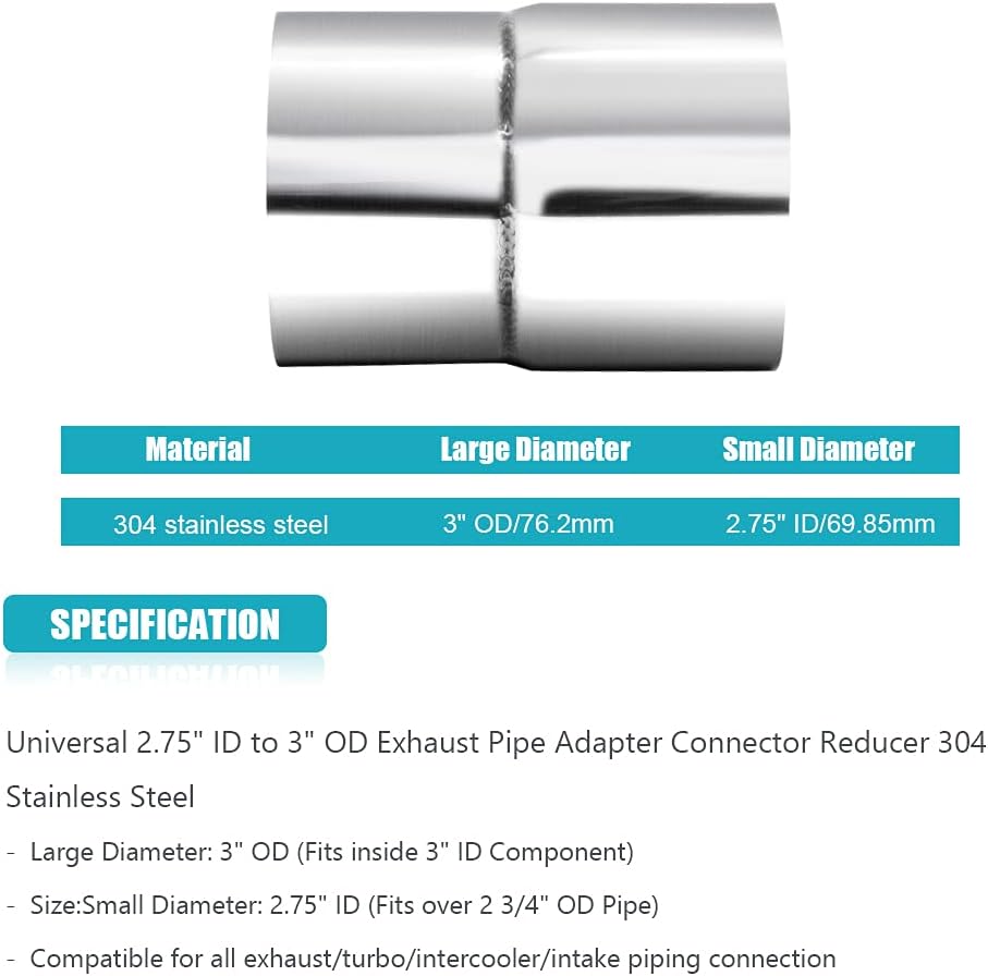 2 PCS Universal 2.75" ID to 3" OD Exhaust Pipe Adapter Connector Reducer 304 Stainless Steel 2.75 Inch to 3 Inch 2 3/4” ID to 3” OD kit