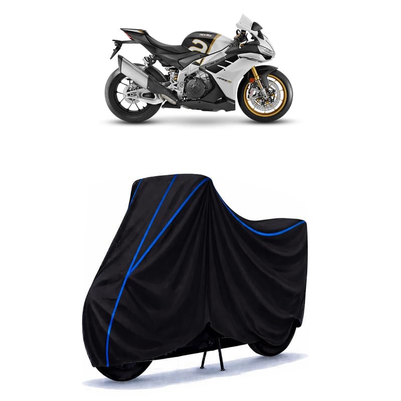Image of RSV4 1100 Factory Bike Cover Water Resistant Universal Motorcycle Rain | Heavy Duty UV Protection, Dust, Scratch Indoor Outdoor All Weather with Black Blue Piping Elastic