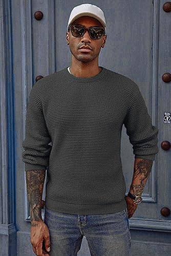 Image of ColorChakra Waffle Knit Mens Sweater Woolen Round Neck Wool Pullover