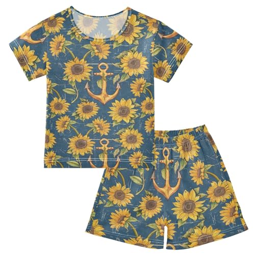 ALAZA Vintage Anchor Sunflowers Pajama Set Short Sleeve Sleepwear Soft Lounge Nightwear