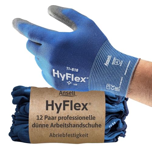 Ansell HyFlex 11-618 Mechaniker- Nylon Handschuhe, Abriebfeste Schutzhandschuhe mit PU-Beschichtung, Sicherheitshandschuhe für Präzisionsarbeiten, Touchscreen-Arbeitshandschuhe, 12 Paar, Gr. XL