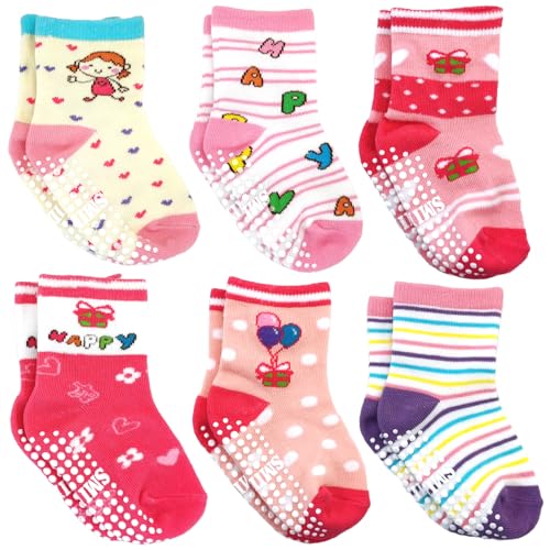 Toddler Grip Crew Socks With Grippers Boys Girls Kids 1-3/3-5/5-7T 6 Pairs2