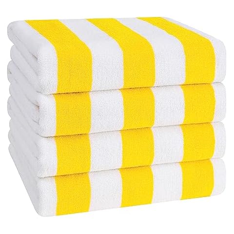 American Soft Linen Beach Towel, 4- Packed Cabana Striped 100% Cotton Pool Towels, 30x60 in Oversized Beach Towels, Soft Absorbent Sand Free Swim Towels, Yellow Cover