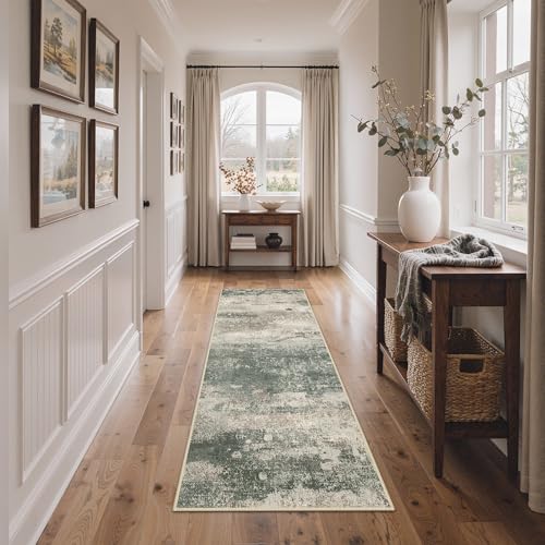 Image of BEIMO Runner Rug for Hallway Kitchen, 2'x6' Machine Washable Runners Rug for Entryway, Soft Modern Abstract Throw Rugs, Low Pile Floor Cover with Non Slip Backing, Grey /Dark Green