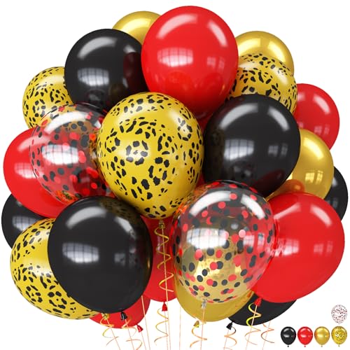 Image of Red Black Cheetah Balloons, 60Pcs 12Inch Black Red Metallic Gold and Leopard Print Balloons with Confetti Latex Balloon for Wild Animal Jungle Safari Zoo Theme Birthday Bachelorette Party Decoration