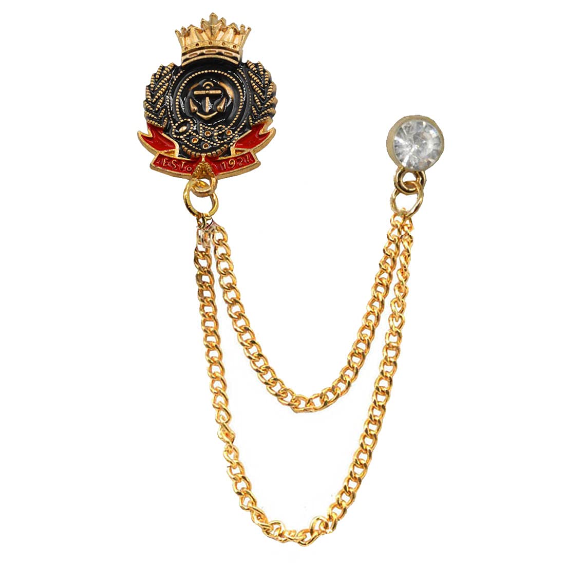 Sullery Crystal King Crown Anchor Label Pin With Hanging Chain Label Pin Suit Red Gold Brass Brooch For Men And Boys