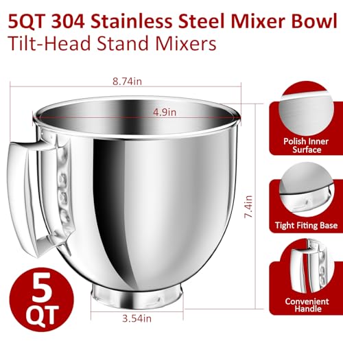 Image of 5QT Stainless Steel Mixer Bowl Compatible with KitchenAid Bowls for Mixer, Artisan&Classic Series 4.5-5QT Tilt-Head Mixers, Kitchen Gadgets Mixer Bowl with Handle,Metal Bowl for Kitchen Mixing Bowl