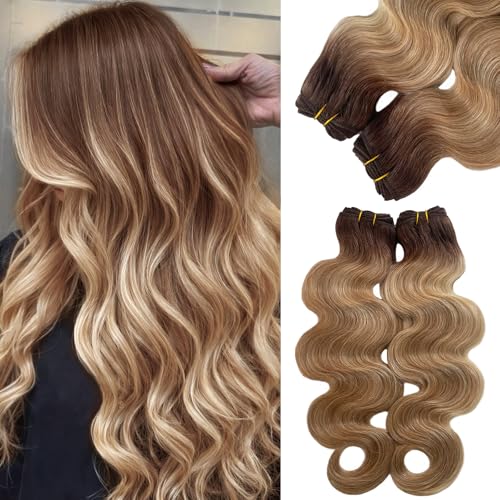 Sew in Bundles Human Hair Brown Weft Hair Extensions Dark Brown Balayage Ash Blonde Body Wave Hand Tied Double Weft Sew in Hair Extensions Human Hair Weaves 24inch 120G