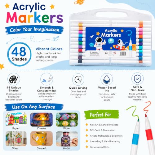 Image of Professional Acrylic Paint Markers Set, 48 Vibrant Colours, Brush Tip, Water-Based, Non-Toxic, for Rock Painting, Canvas, Glass, Wood, School Projects, with Portable Storage Case
