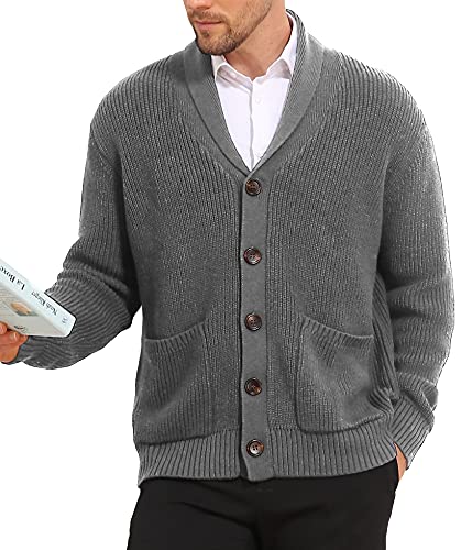 NITAGUT Mens Cardigan Sweater Casual Comfortable Fit Cardigan Sweater Shawl Collar Soft Fabric Cable Knit Button up Sweater with Two Pocketsï¼ŒGrayï¼ŒL
