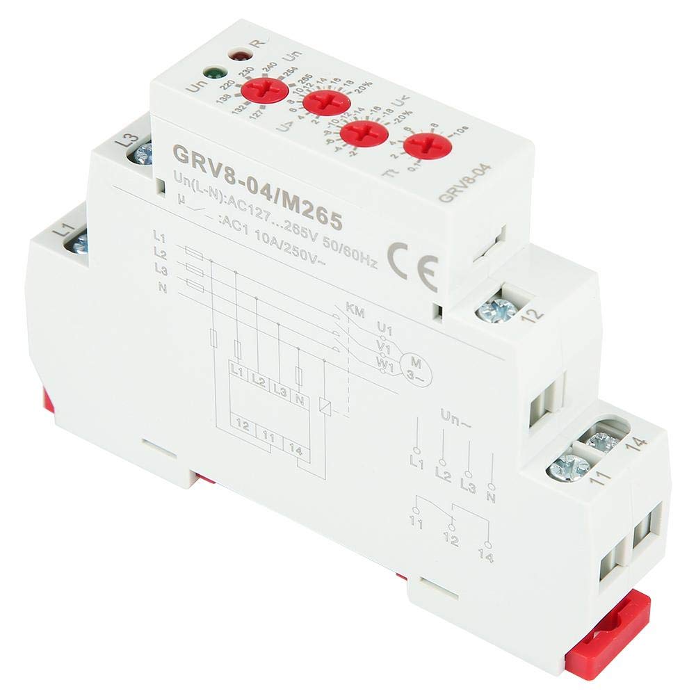 Relè di monitoraggio tensione, Relè di protezione per il monitoraggio della tensione trifase a 4 fili regolabile con sequenza di fasi/protezione guasto, DIN 35mm[Classe di efficienza energetica A]