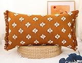 DRNOU Boho Long Lumbar Pillow Cover 12x24 with Tassel,3D Flower Patterned Cotton Decorative Long Lumbar Pillow Cover Pillow Case for Sofa Couch Bed Livingroom Farmhouse,Rust Red