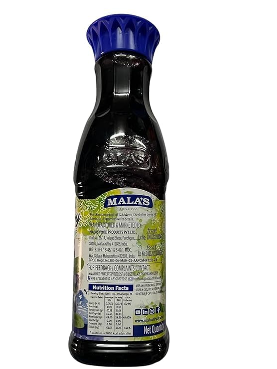 Image of Mala's Blueberry Fruit Crush - 750ml | Real Pulpy Concentrate for Smoothies, Shakes, Desserts & Ice Cream Toppings | Authentic Fruit Flavor & Rich Texture