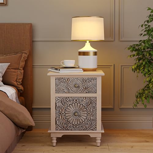 Image of SUNBURY Night Stand Set 2, Accent End Table with Storage, Bedside Table, Vintage Wood Nightstand with Drawers for Living Room, Bedroom, No Assembly Required