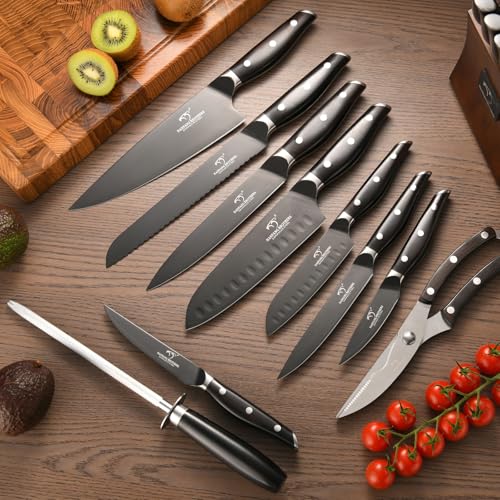 Image of NANFANG BROTHERS 16-Piece Damascus Knife Set with VG10 Core Blades, 67-Layer Damascus Steel, Black Titanium Coated Kitchen Knives for Polished Ebony Wood Handle, Professional Chefs & Home Cooking