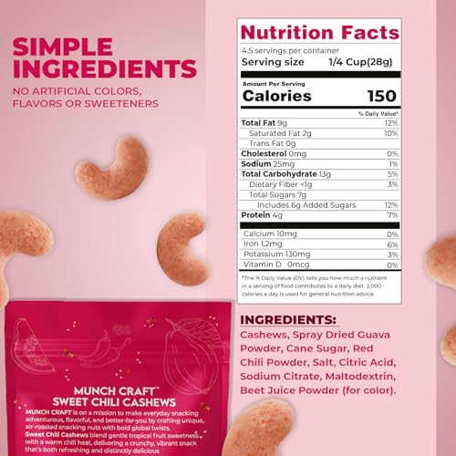 Image of Munch Craft Gourmet Sweet Chili (Guava Blaze) Cashews - Perfectly Balanced Flavor (Tropical Guava & Red Chili) - Extra Crunchy Air-Roasted Nuts, Oil-Free - No Artificial Colors or Flavors - 4.4 oz (125g) Resealable Bag