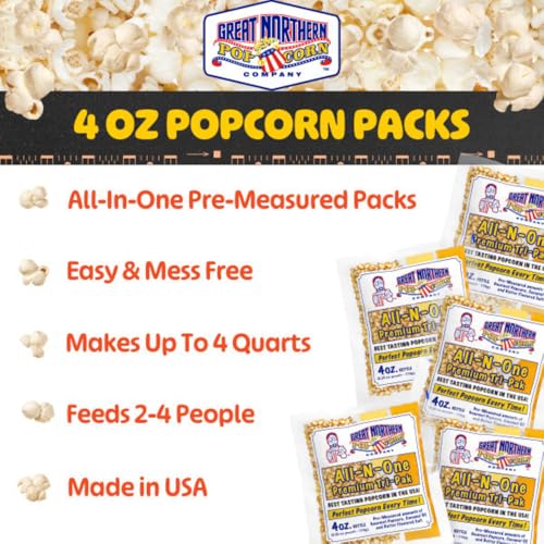 Image of 4oz Popcorn Machine Popcorn Packets - All-in-One Movie Theater Style Popcorn Kernels, Salt, and Oil Packs by Great Northern Popcorn (24 Case)