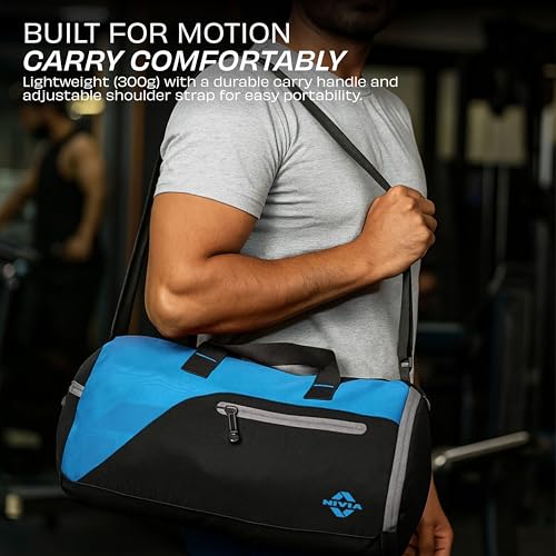 Image of Nivia Fuse Gym Duffle Bag for Men and Women, 25L Lightweight Training and Travel Bag with Shoe Compartment, Quick Access Pockets, and Adjustable Strap, Designed for Athletes, Travel (Black /Blue)