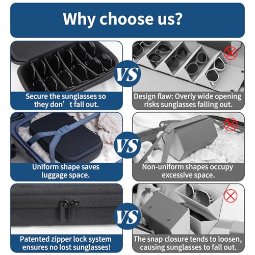 Image of Travel Sunglasses Case Organizer, Adjustable 9-Slot EVA Hard Shell Storage with clip for Multiple Eyeglasses, Waterproof & Shockproof Design for Men /Women