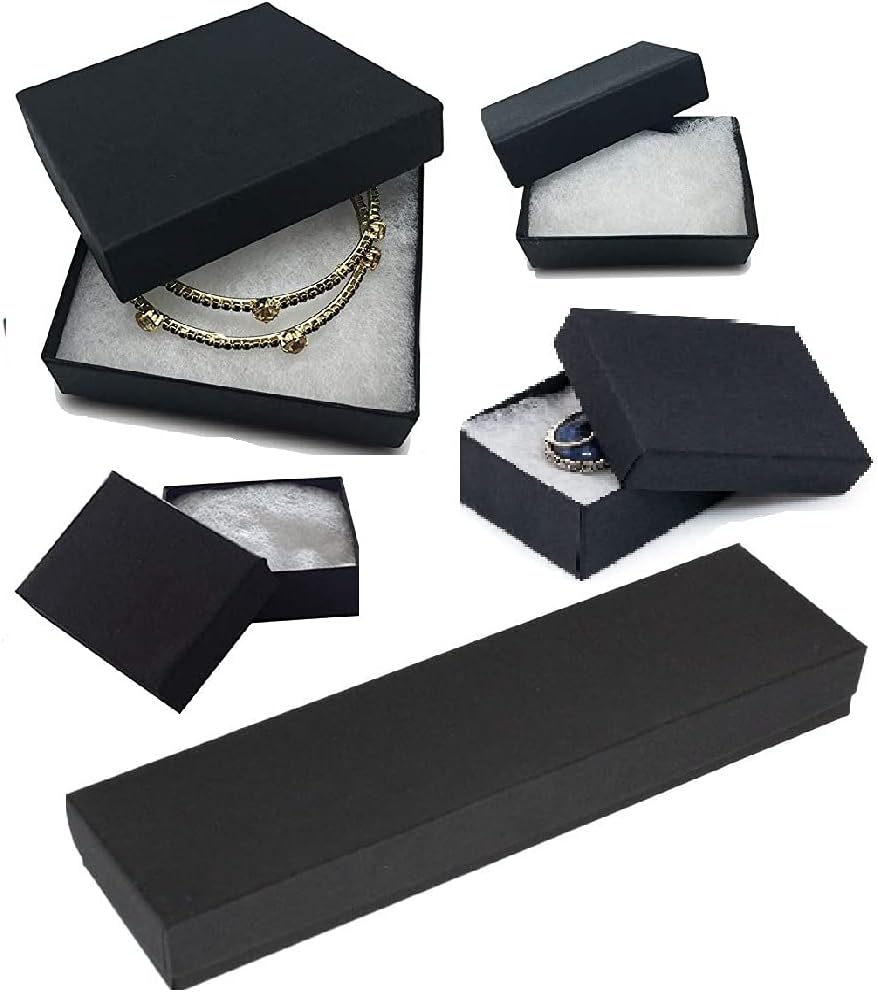 RJ Displays 25 Pack Cotton Filled Matte Black Color Cardboard Paper Jewelry Gift and Retail Boxes 3.5 X 3.5 X 1 Inch Size #33 (5 pcs Each of #11/#21/#32/#33/#82)