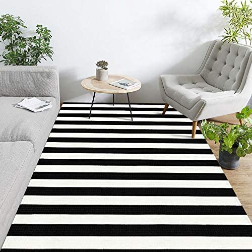 Seavish Black and White Striped Rug, 4’x6’ Indoor Outdoor Patio Rugs, Handmade Woven Farmhouse Front Porch Rugs, Machine Washable Modern Cotton Area