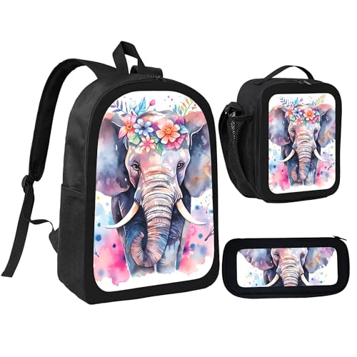 Colorful Animal Elephant 3 Pcs 17 Inches Backpack Set with Insulated Lunch Bag And Pencil Pouch Large Back Pack for Men Women Lunchbox Pencil Case Waterproof Backpacks Lunch Box 3 Piece Daypacks