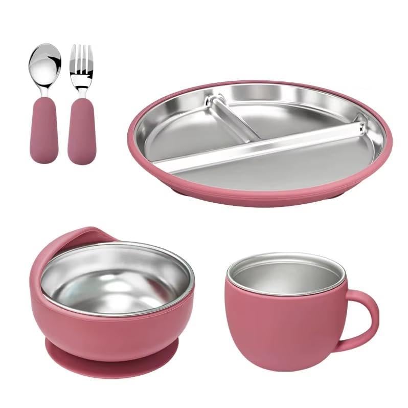 Baby Esslern Set aus Silikon & Edelstahl 304 | BPA-frei | Teller, Schüssel, Becher, Löffel & Gabel | Herausnehmbarer Edelstahleinsatz