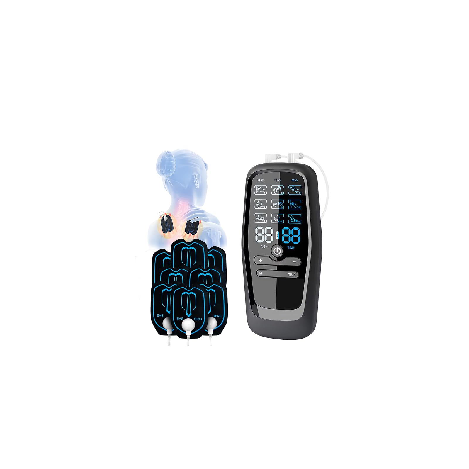 Elettrostimolatore Muscolare, 3 in 1 TENS/EMS/Massage Elettrostimolatore Professionale, Con 27 modalità e 30 intensità, 2 Channels 8 elettrodi