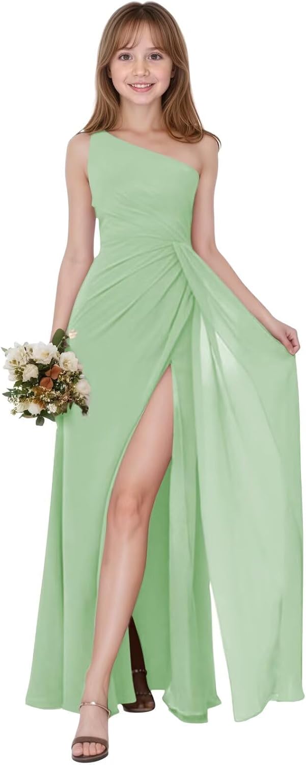 One Shoulder Girls Junior Bridesmaid Dress with Slit Long Chiffon Formal Flower Girl Dresses for Wedding Party