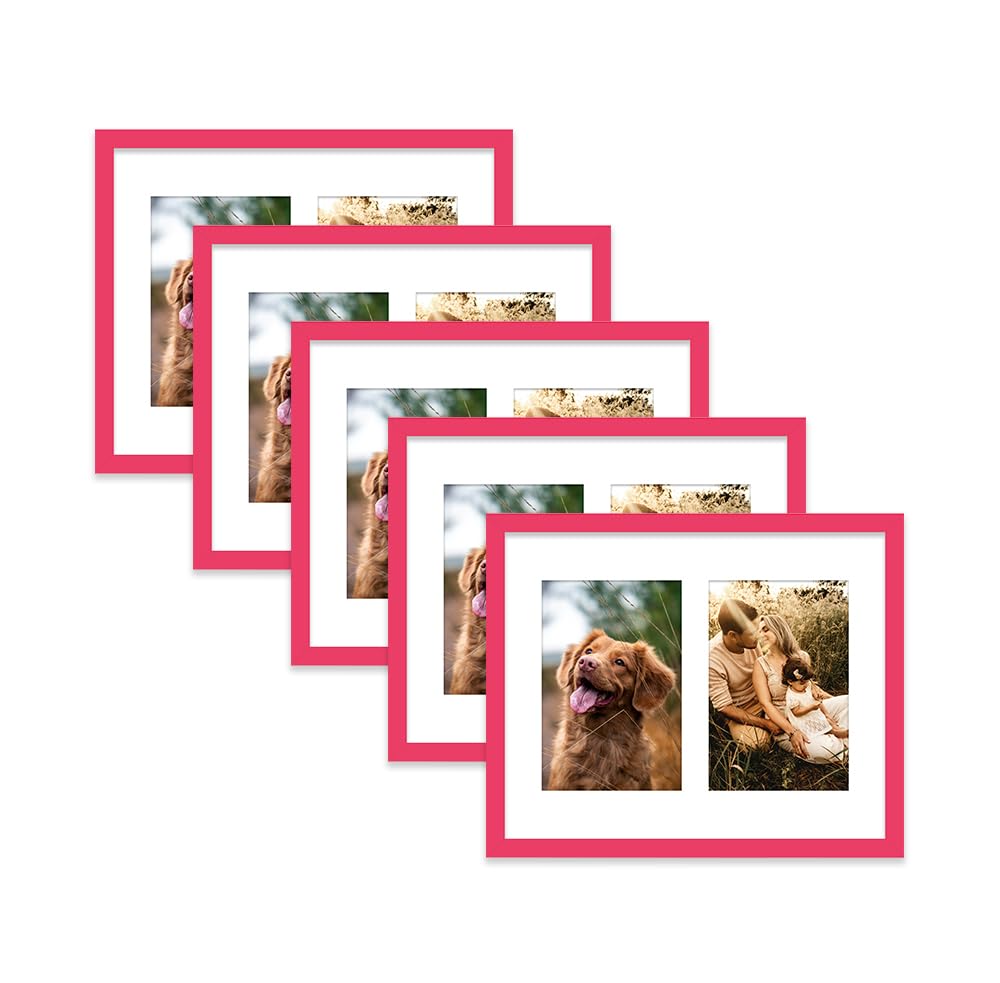 Bright Pink Multi Photo Frame - Holds 2 x 6x4 Pictures, Family Collage Picture Frame for Wall Display, 10x8 Frame size, Set of 5