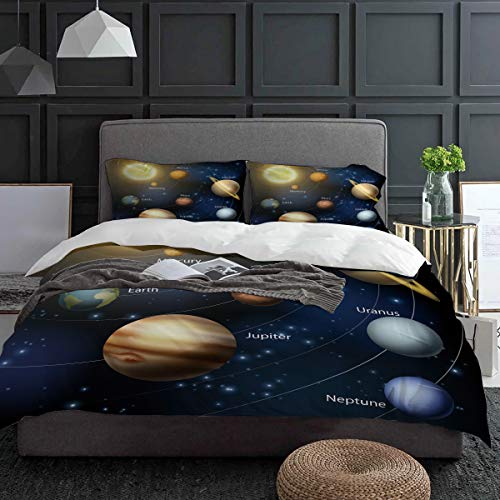 3 Piece Bedding Duvet Cover Set California King Size, Solar System and Planet Orbits Lightweight Microfiber Comforter Quilt Cover with Zipper Closure and Pillow Shams 3pc Set for Adult/Kids