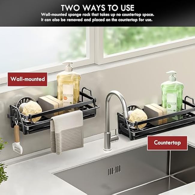 LBTING Sponge Holder for Kitchen Sink, Wall Mounted Sink Caddy with Self-Draining Drain Tray, Stainless Steel Kitchen Sink Caddy for Organizing Sponge, Brush, Soap Dish Dispenser ¨C Black