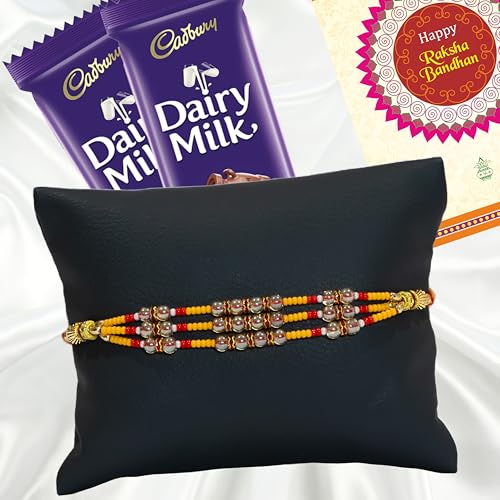 Image of Canton Rakhii Gift for Brother with Chocolate - Designer Rakhi for Brother with Gift Hamper Pack, Roli Kumkum & Greeting Card (Design-19, 1 Rakhi + Choco)