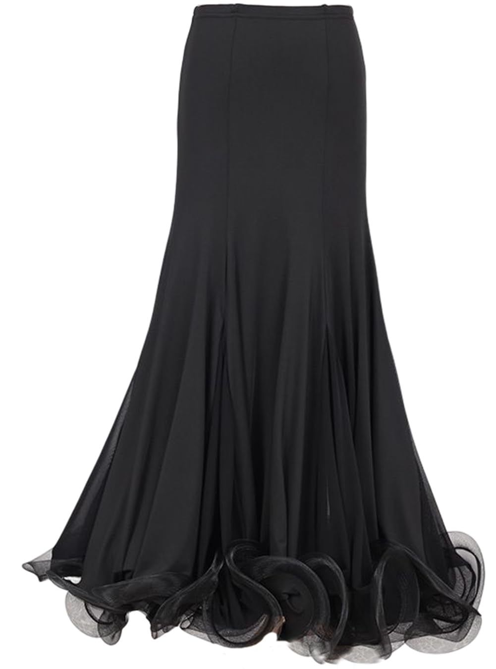 Eleganter Ballsaal-Tanzrock für Damen, Fischgräten-Curling-Party-Langer Swing-Rennrock, moderner Flamenco-Walzer-Standard-Lateintanz-Langrock,Schwarz,M