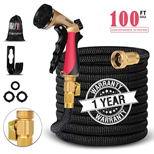 Crenova 100 Pies/30M Manguera de Jardín, Manguera Extensible Con Tres Núcleos de Látex, Válvula de Latón, Manguera de Agua Expandible con Boquilla de Pulverización de Metal de 7 Funciones