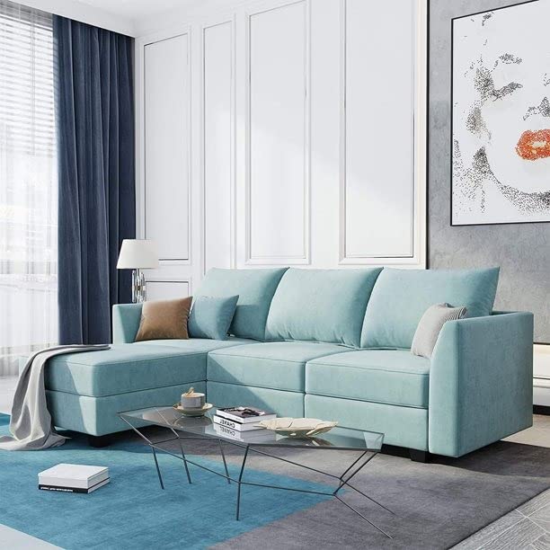 Odell 3 Seater Fabric L Shape Convertible Sectional Sofa for Living Room (Aqua Blue)-image-27