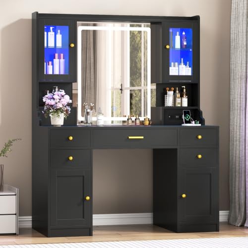 Image of CSZZD Makeup Vanity Desk with Mirror and Lights, Black Vanity Table Set with Charging Station, Dressing Table with RGB Cabinets, Makeup Vanity Mirror with Light Desk and Drawers, 3 LED Light Modes