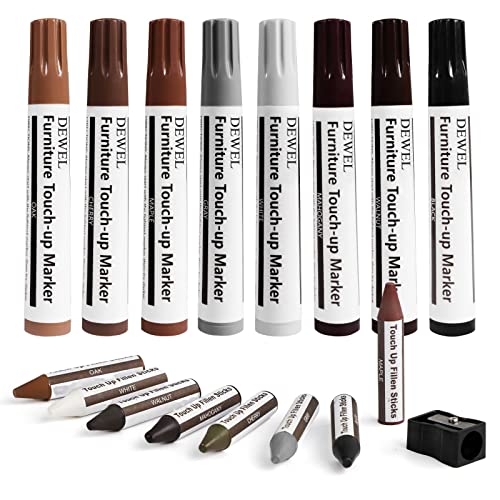 DEWEL Kit de réparation de bois 16Pcs - Feutre retouche bois et crayons à cire pour restauration de meubles, 8 Couleurs - Stylo Réparation pour rayures/taches/décoloration du bois