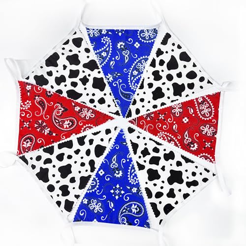 Image of 32Ft Western Cowboy Party Decorations Red Paisley Blue Bandana Pennant Banner Fabric Triangle Flag Garland Streamers for Western Cowboy Birthday Yee Haw Country Rodeo Party Decor Supplies