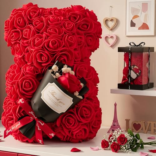 Otlonpe Rosenbär Muttertagsgeschenke für Mama Geschenke für Frauen Sie Freundin Cute Rosen Teddybär mit Blumen Tisch Dekorationen für Geburtstag Valentinstag Weihnachten (Rot)