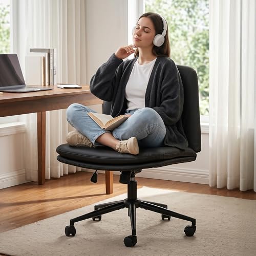 Image of DROGO Zen Cross Legged Office Chair for Work at Home, Pu Leather Accent Chair for Long Hours Sitting Comfort, Armless, Adjustable Height & Tilt Lock Recline | Computer Chair for Home Office(Black II)